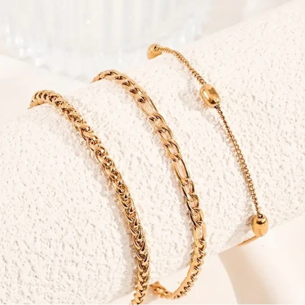 Three Piece Bracelet Set/Stainless Steel Plated In 18K Gold